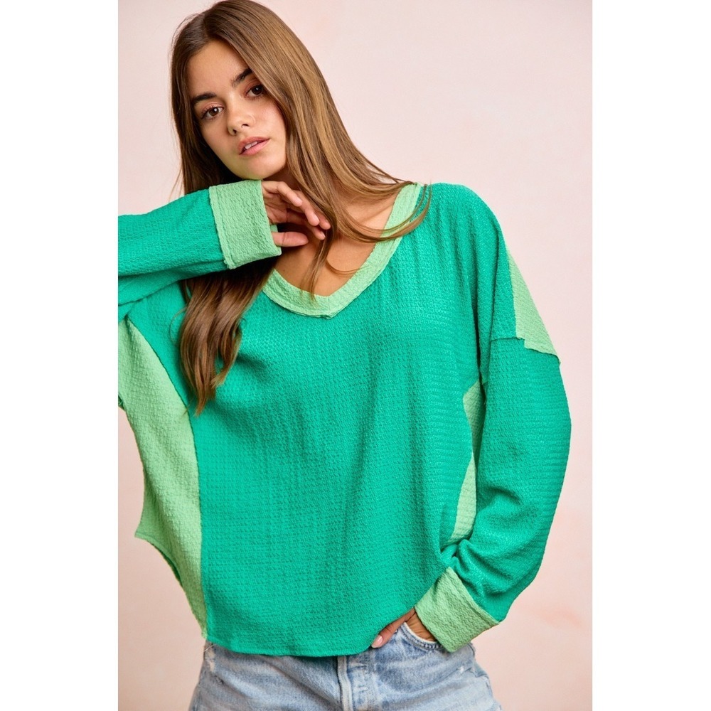 BiBi Textured Jersey Color Block Top With Cut Edge -‎ Large